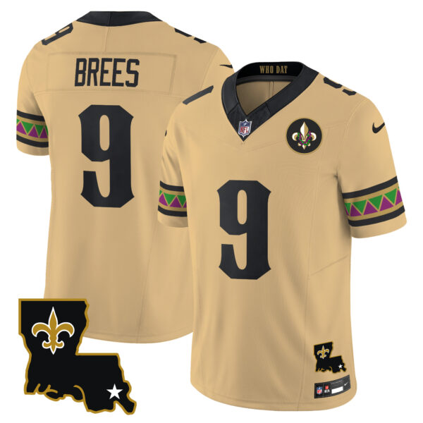New Orleans Saints Drew Brees Mardi Gras Vapor Limited Custom Jersey - All Stitched - Gold