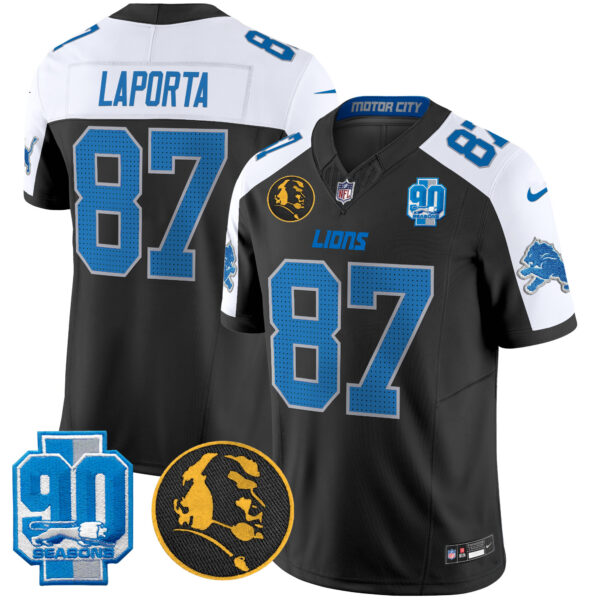 Detroit Lions Sam Laporta '90th & John Madden' Patch Vapor Limited Jersey - All Stitched - Black Alternate