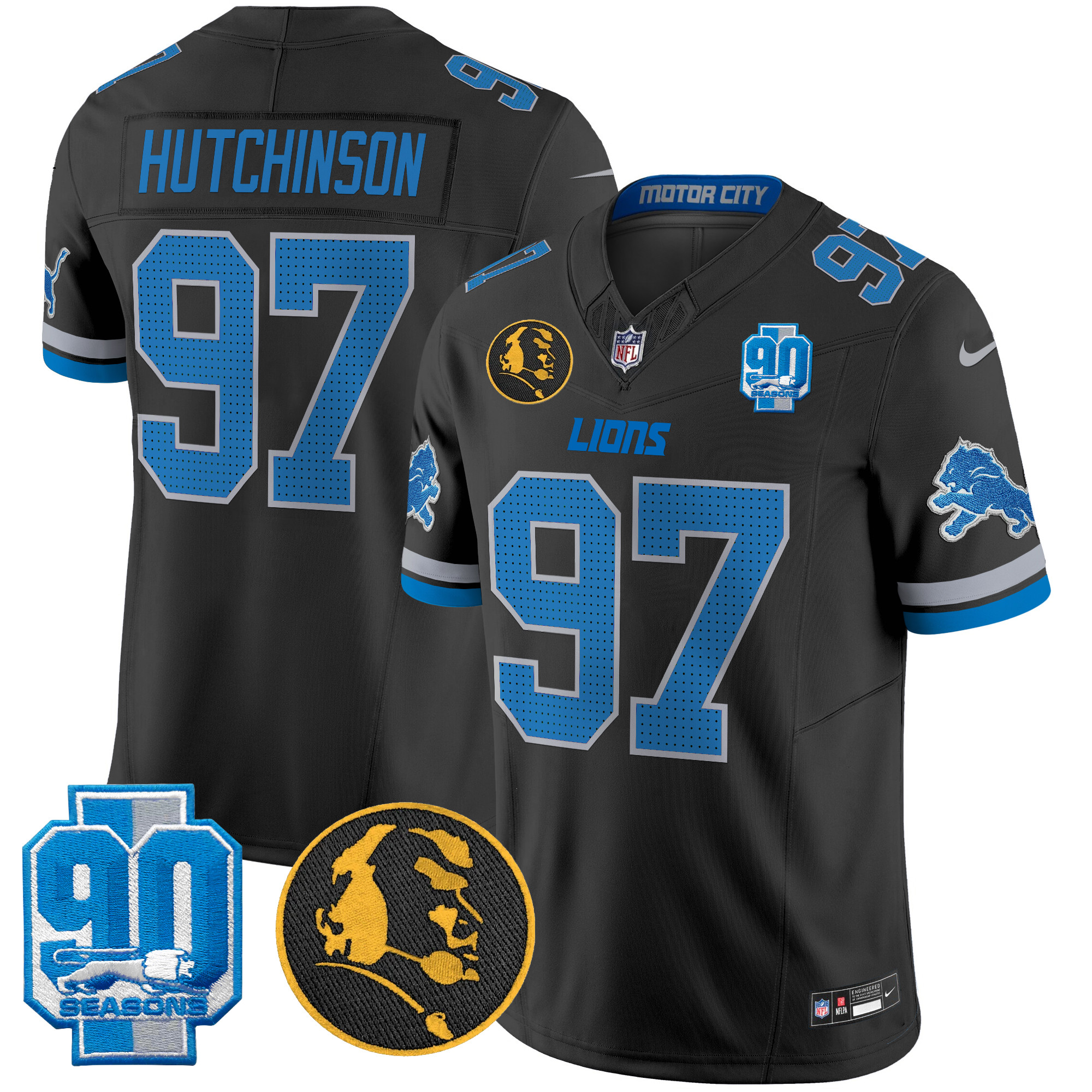 Detroit Lions Hutchinson '90th & John Madden' Patch Vapor Limited Jersey - All Stitched - Black