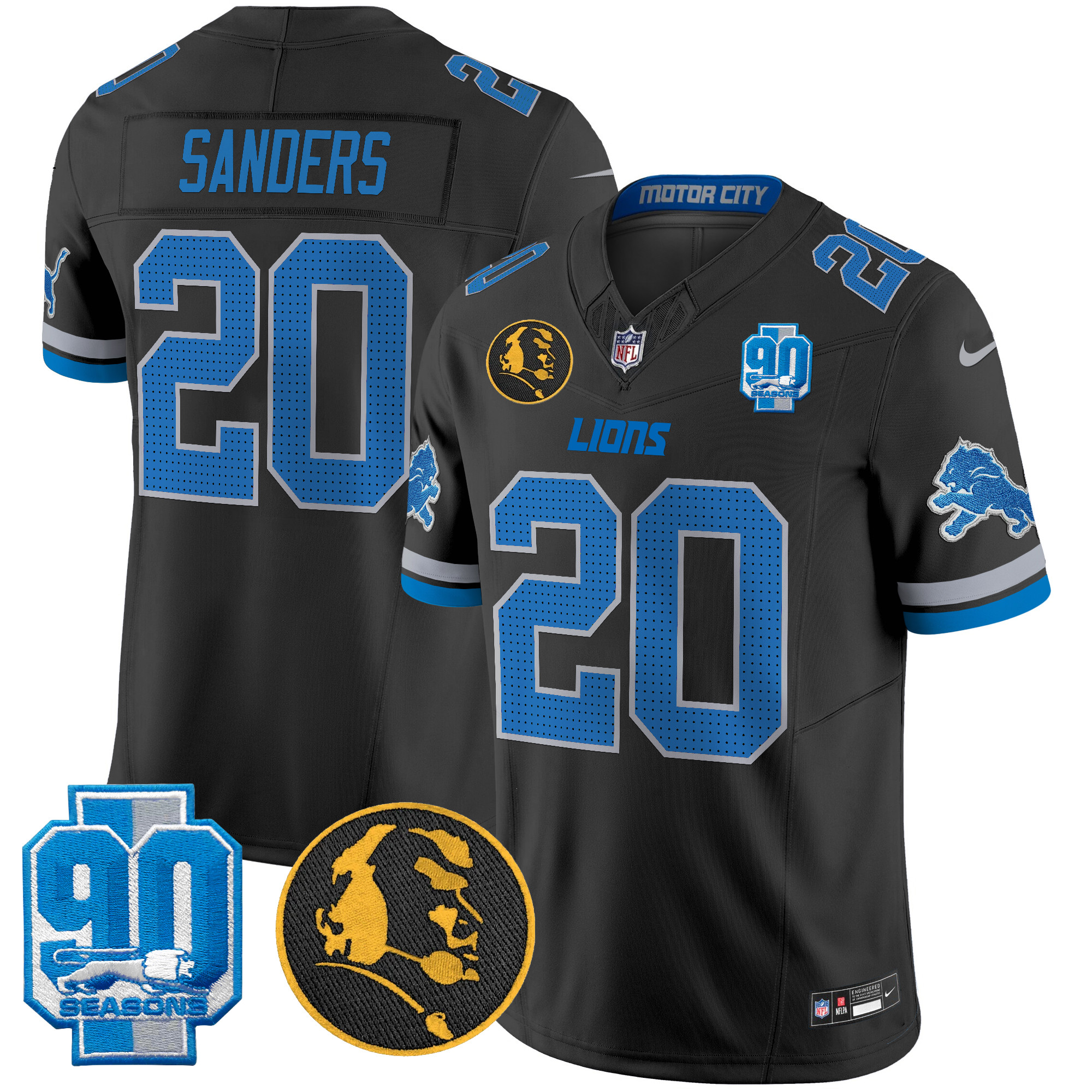 Detroit Lions Barry Sanders '90th & John Madden' Patch Vapor Limited Jersey - All Stitched - Black