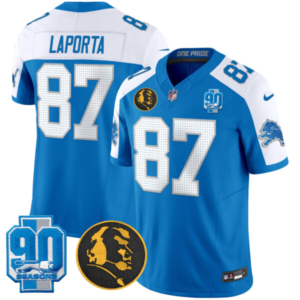 Detroit Lions Sam Laporta '90th & John Madden' Patch Vapor Limited Jersey - All Stitched - Blue Alternate