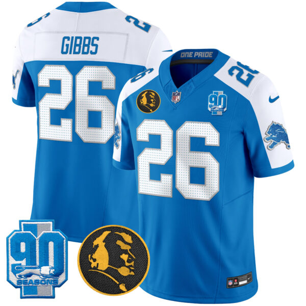 Detroit Lions Jahmyr Gibbs '90th & John Madden' Patch Vapor Limited Jersey - All Stitched - Blue Alternate
