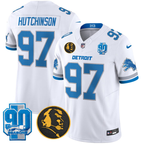 Detroit Lions Hutchinson '90th & John Madden' Patch Vapor Limited Jersey - All Stitched - White