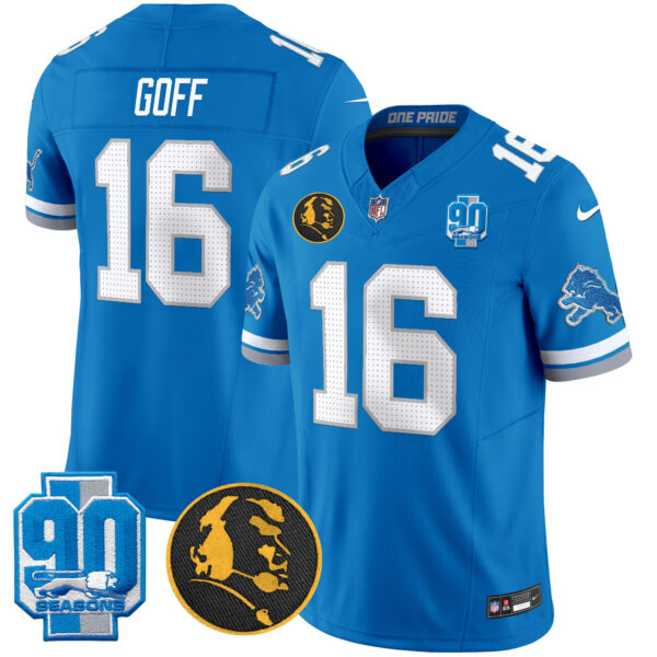 Detroit Lions Jared Goff '90th & John Madden' Patch Vapor Limited Jersey - All Stitched - Blue