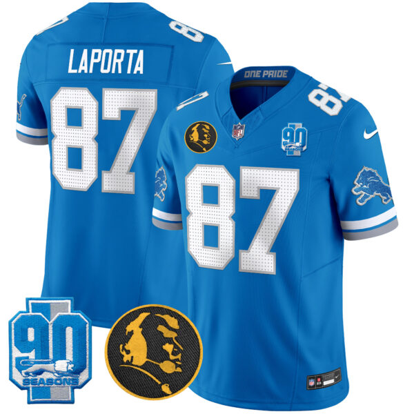 Detroit Lions Sam Laporta '90th & John Madden' Patch Vapor Limited Jersey - All Stitched - Blue