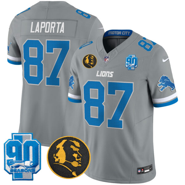 Detroit Lions Sam Laporta '90th & John Madden' Patch Vapor Limited Jersey - All Stitched - Gray