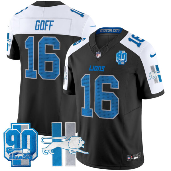 Detroit Lions Jared Goff Throwback 90th Year Patch Vapor Limited Jersey - All Stitched - Black Alternate