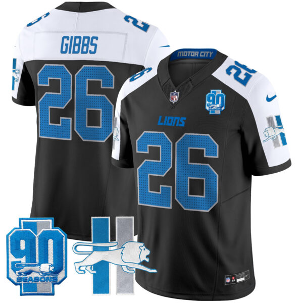 Detroit Lions Jahmyr Gibbs Throwback 90th Year Patch Vapor Limited Jersey - All Stitched - Black Alternate