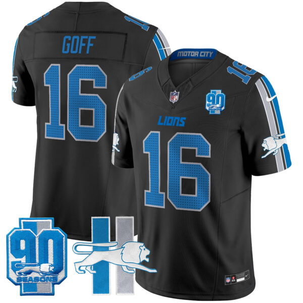Detroit Lions Jared Goff Throwback 90th Year Patch Vapor Limited Jersey - All Stitched - Black