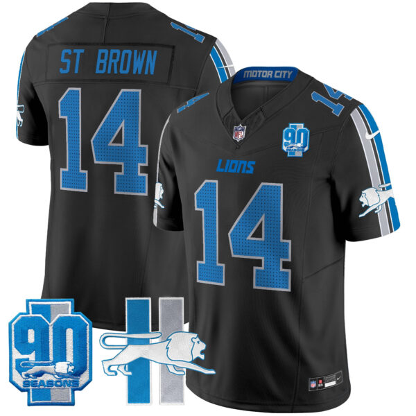 Detroit Lions St. Brown Throwback 90th Year Patch Vapor Limited Jersey - All Stitched - Black