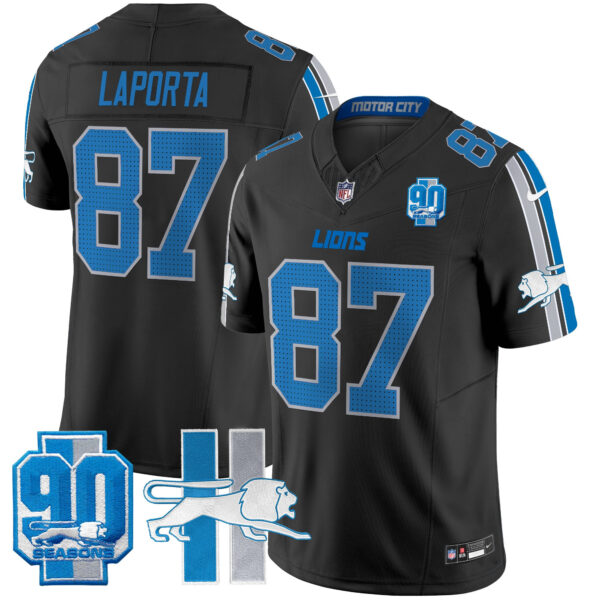 Detroit Lions Sam Laporta Throwback 90th Year Patch Vapor Limited Jersey - All Stitched - Black