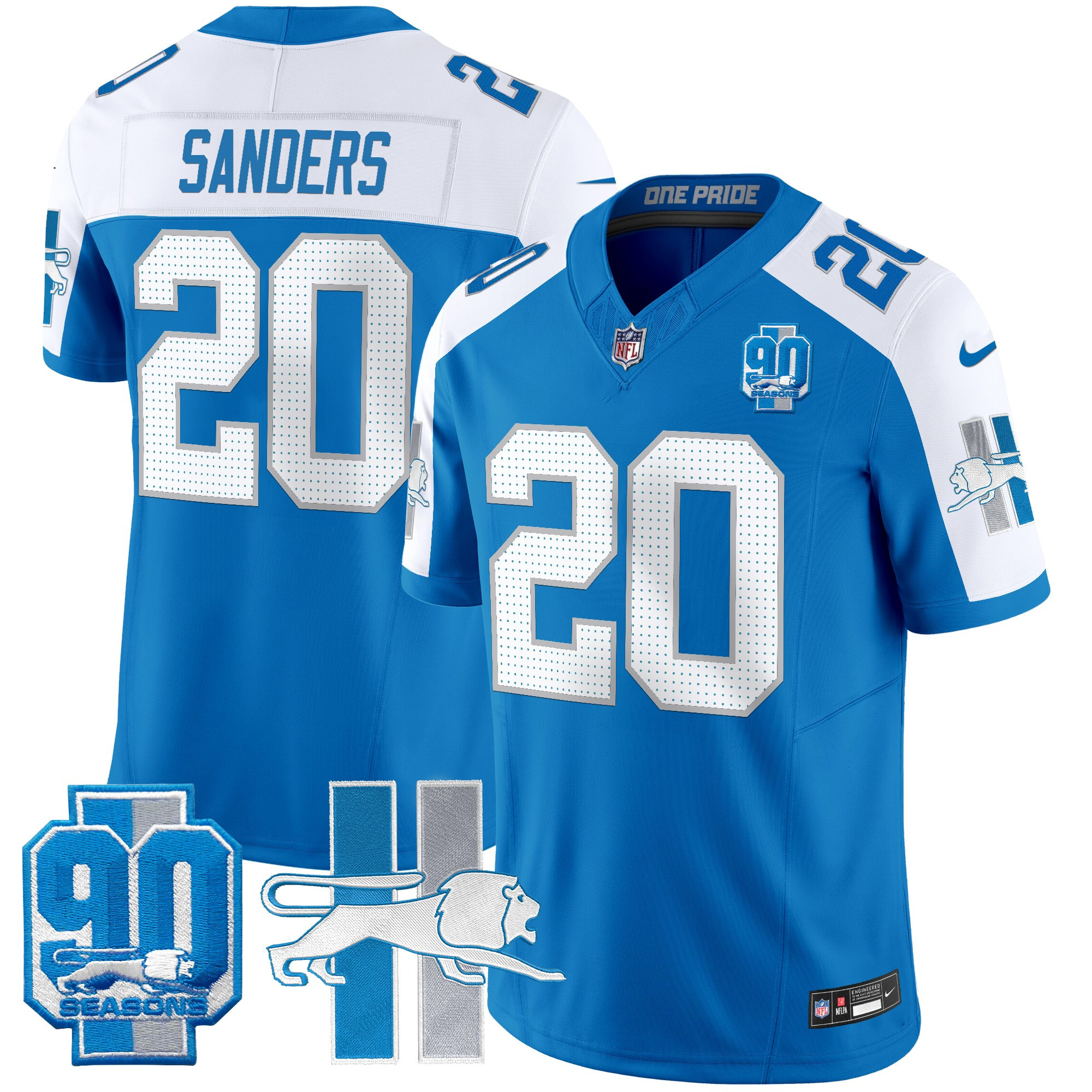 Detroit Lions Barry Sanders Throwback 90th Year Patch Vapor Limited Jersey - All Stitched - Blue Alternate