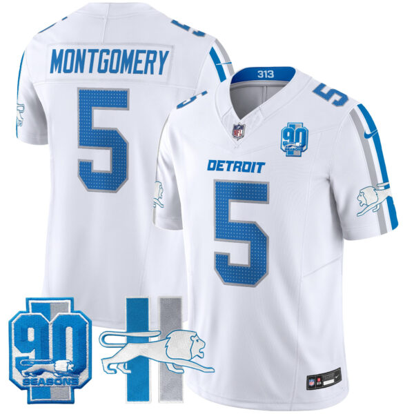 Detroit Lions David Montgomery Throwback 90th Year Patch Vapor Limited Jersey - All Stitched - White