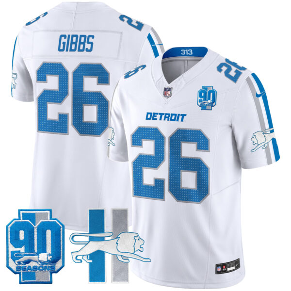 Detroit Lions Jahmyr Gibbs Throwback 90th Year Patch Vapor Limited Jersey - All Stitched - White