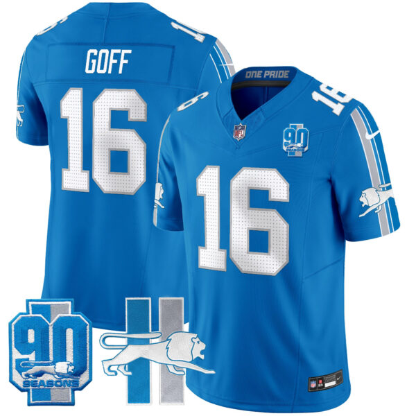 Detroit Lions Jared Goff Throwback 90th Year Patch Vapor Limited Jersey - All Stitched - Blue