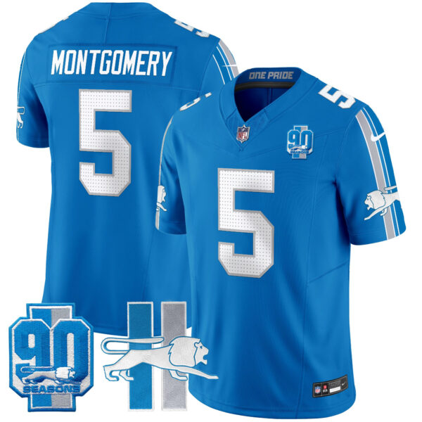 Detroit Lions David Montgomery Throwback 90th Year Patch Vapor Limited Jersey - All Stitched - Blue