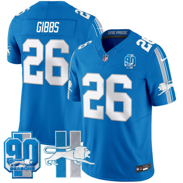 Detroit Lions Jahmyr Gibbs Throwback 90th Year Patch Vapor Limited Jersey - All Stitched - Blue