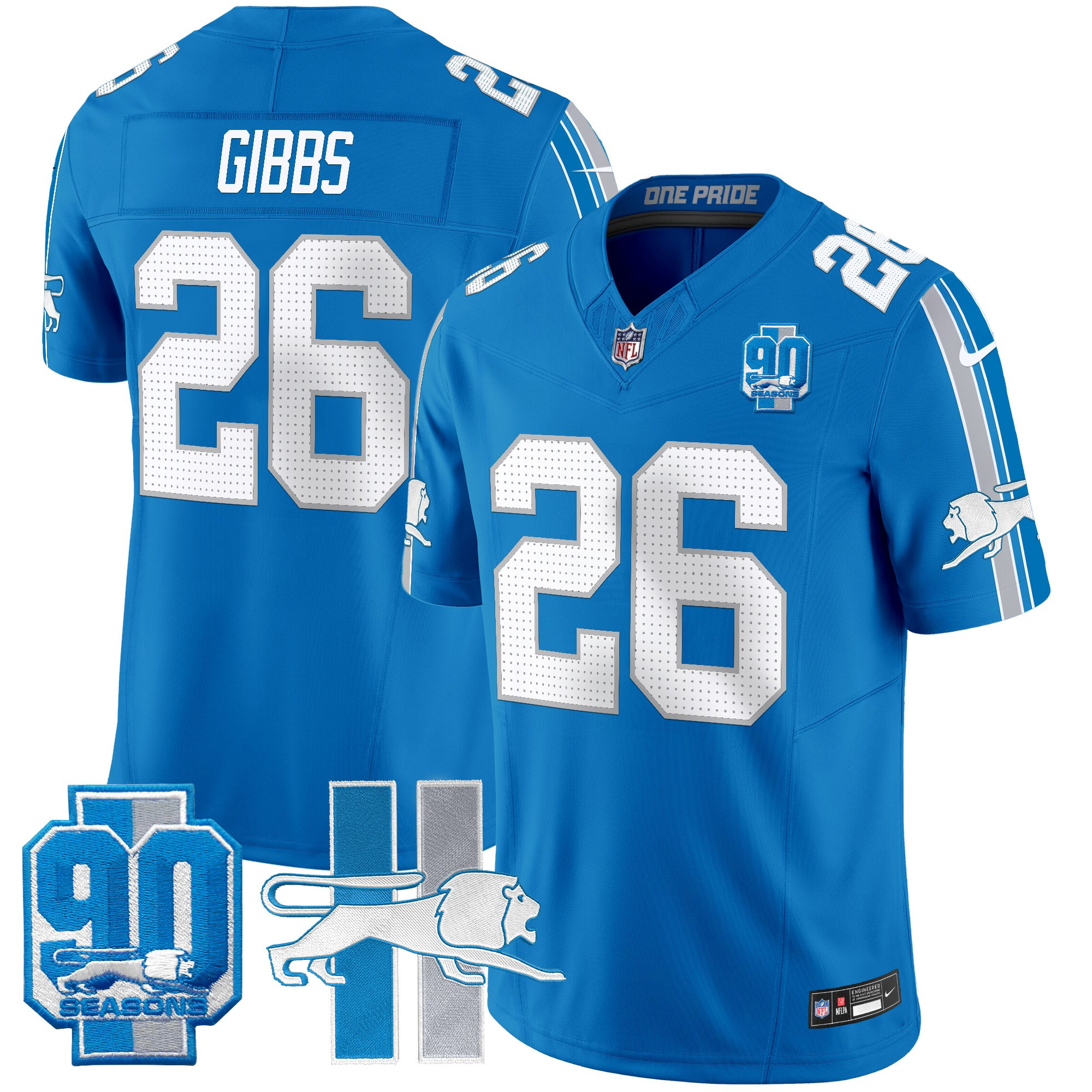Detroit Lions Jahmyr Gibbs Throwback 90th Year Patch Vapor Limited Jersey - All Stitched - Blue