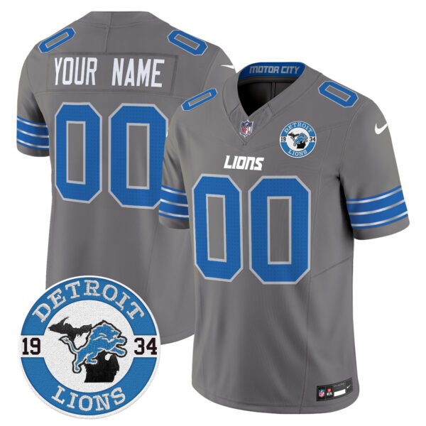 Detroit Lions Est. 1934 Patch Vapor Limited Custom Jersey - All Stitched - Gray