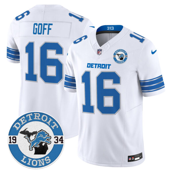 Detroit Lions Jared Goff Est. 1934 Patch Vapor Limited Jersey - All Stitched - White