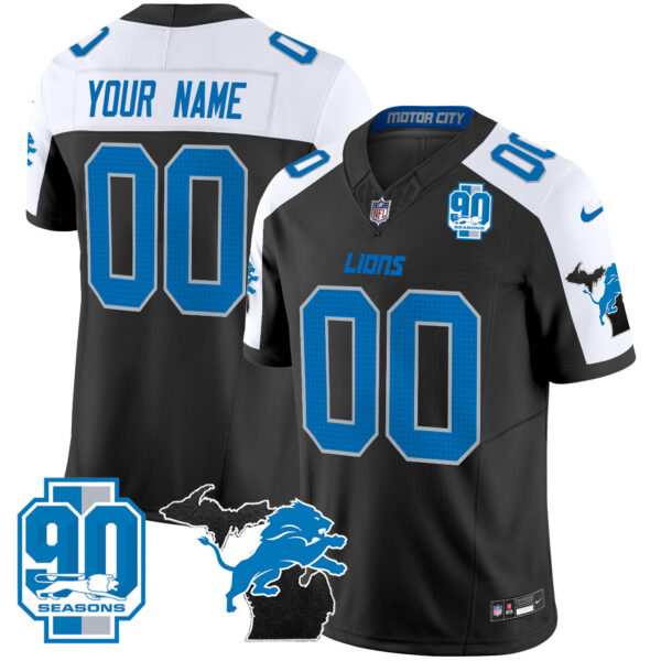 Detroit Lions 2025 'Michigan & 90th Year' Patch Vapor Custom Jersey - All Stitched - Black
