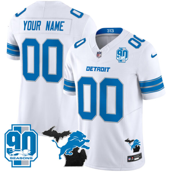 Detroit Lions 2025 'Michigan & 90th Year' Patch Vapor Custom Jersey - All Stitched - White