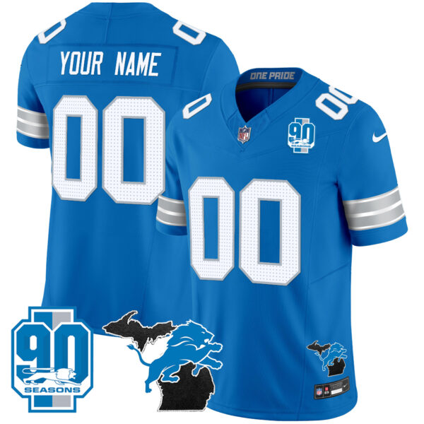 Detroit Lions 2025 'Michigan & 90th Year' Patch Vapor Custom Jersey - All Stitched - Blue