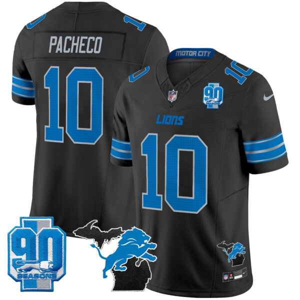 Detroit Lions Isiah Pacheco 2025 'Michigan & 90th Year' Patch Vapor Jersey - All Stitched - Black