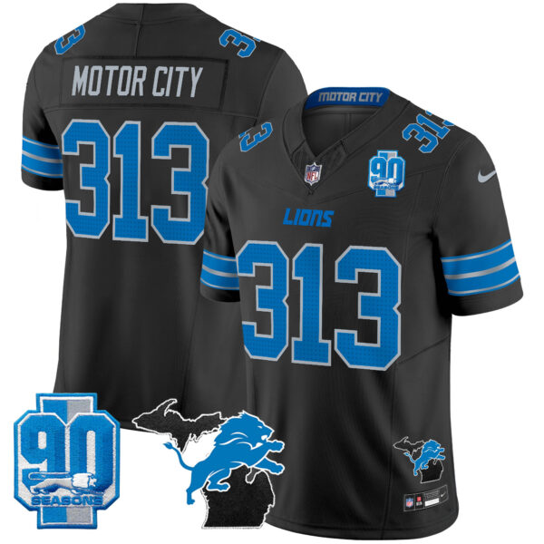 Detroit Lions Motor City 313 2025 'Michigan & 90th Year' Patch Vapor Jersey - All Stitched - Black