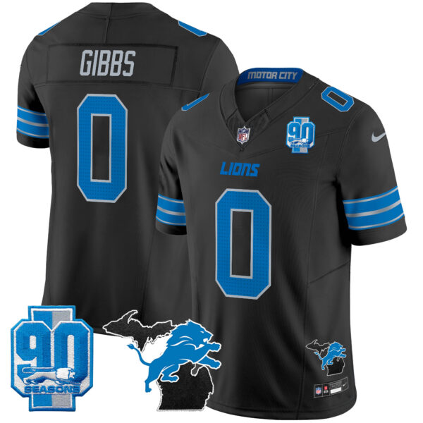 Detroit Lions Jahmyr Gibbs 2025 'Michigan & 90th Year' Patch Vapor Jersey - All Stitched - Black