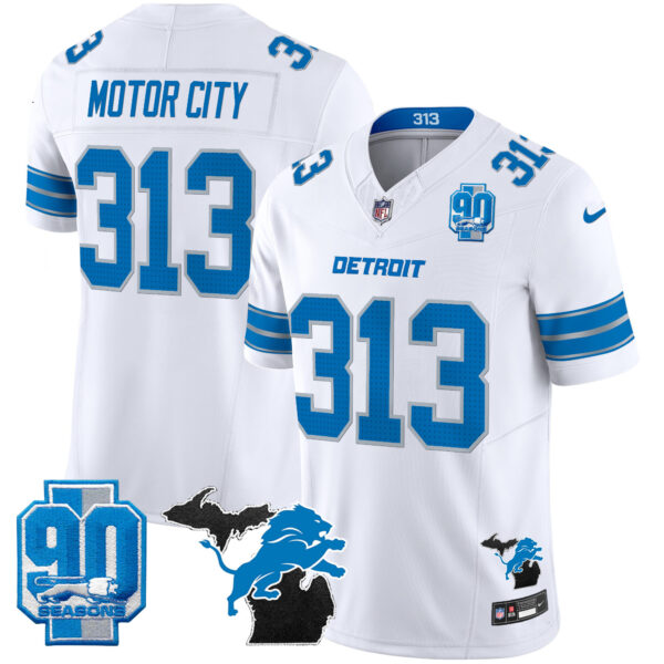 Detroit Lions Motor City 313 2025 'Michigan & 90th Year' Patch Vapor Jersey - All Stitched - White