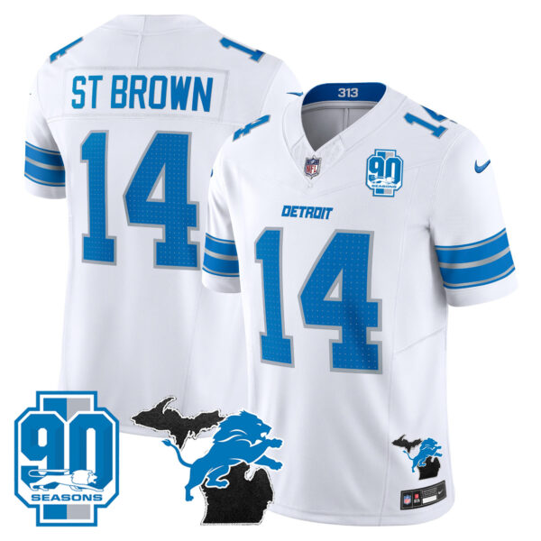 Detroit Lions St. Brown 2025 'Michigan & 90th Year' Patch Vapor Jersey - All Stitched - White