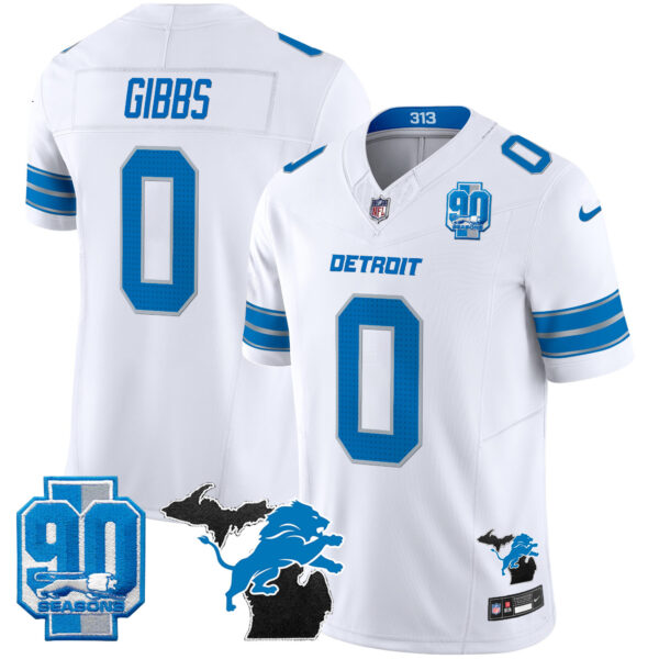 Detroit Lions Jahmyr Gibbs 2025 'Michigan & 90th Year' Patch Vapor Jersey - All Stitched - White