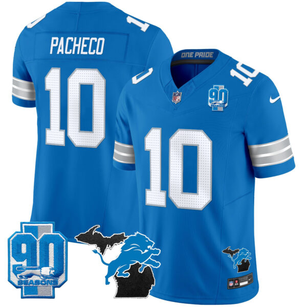 Detroit Lions Isiah Pacheco 2025 'Michigan & 90th Year' Patch Vapor Jersey - All Stitched - Blue