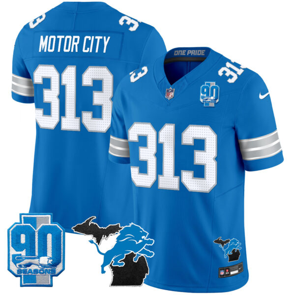 Detroit Lions Motor City 313 2025 'Michigan & 90th Year' Patch Vapor Jersey - All Stitched - Blue