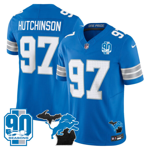 Detroit Lions Hutchinson 2025 'Michigan & 90th Year' Patch Vapor Jersey - All Stitched - Blue
