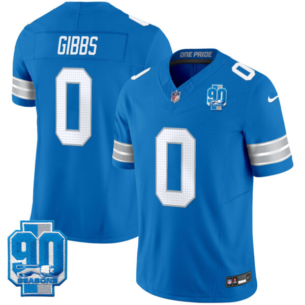 Detroit Lions Jahmyr Gibbs 2025 'Michigan & 90th Year' Patch Vapor Jersey - All Stitched - Blue