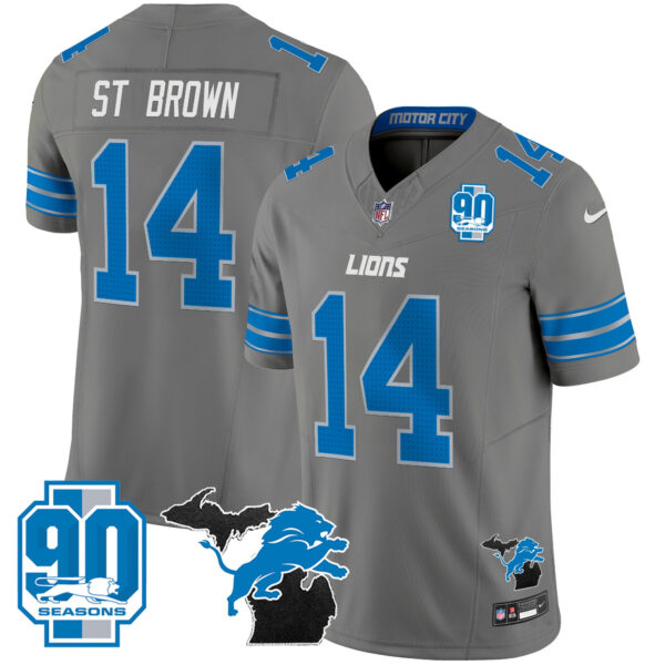 Detroit Lions St. Brown 2025 'Michigan & 90th Year' Patch Vapor Jersey - All Stitched - Gray