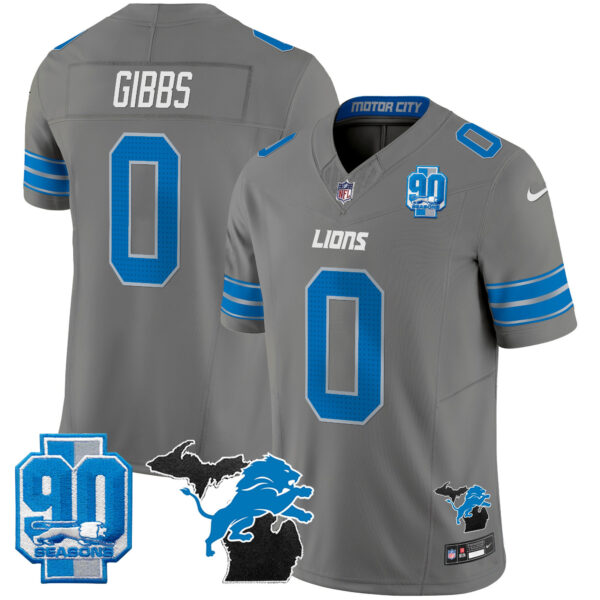Detroit Lions Jahmyr Gibbs 2025 'Michigan & 90th Year' Patch Vapor Jersey - All Stitched - Gray