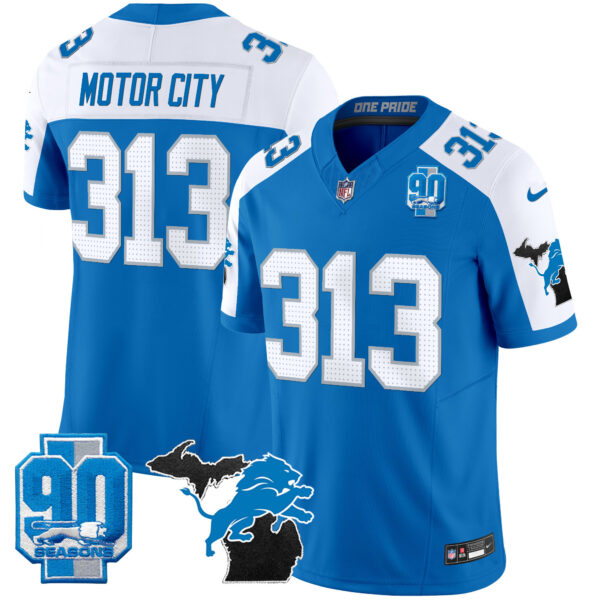 Detroit Lions Motor City 313 2025 'Michigan & 90th Year' Patch Vapor Jersey - All Stitched - Blue Alternate