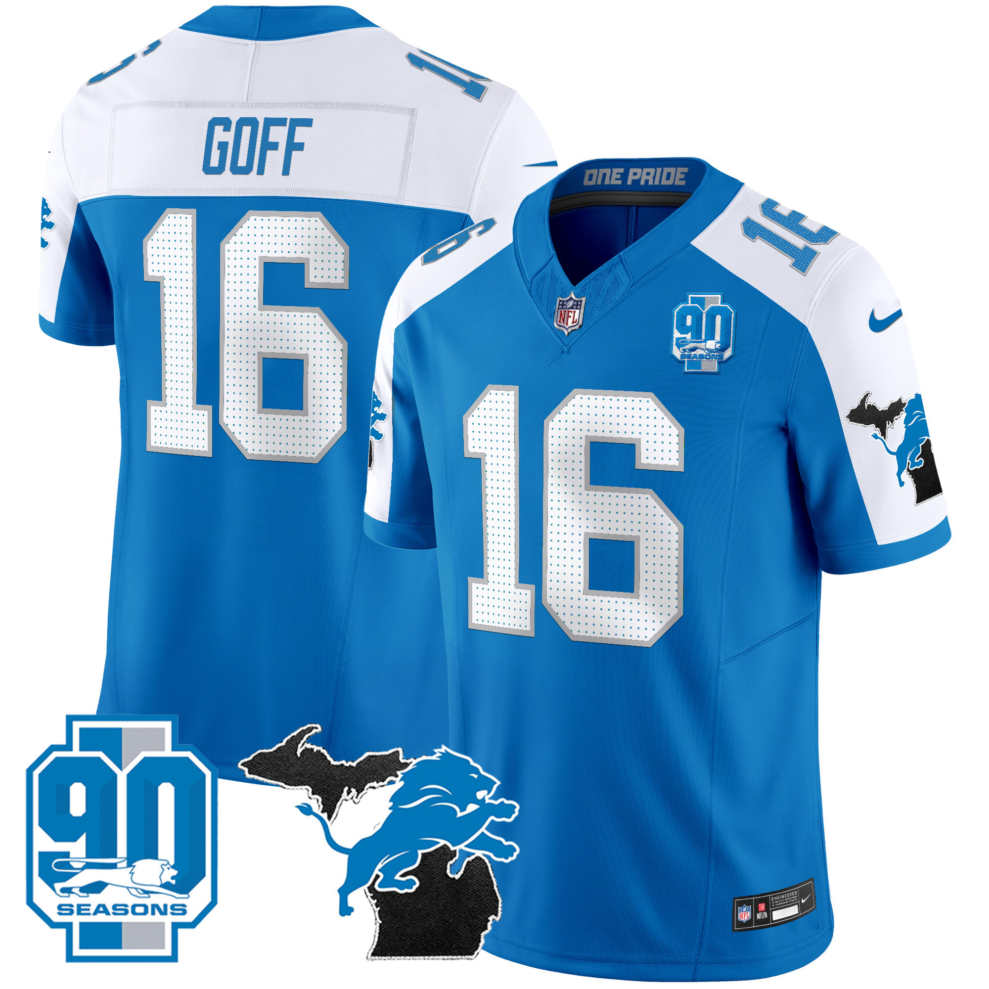 Detroit Lions Jared Goff 2025 'Michigan & 90th Year' Patch Vapor Jersey - All Stitched - Blue Alternate