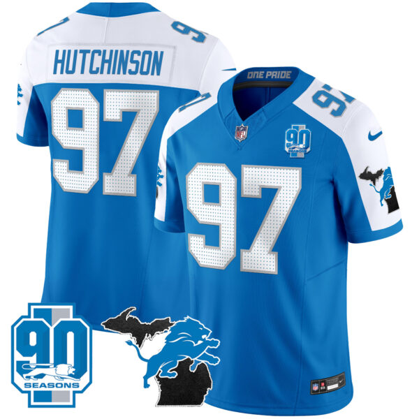 Detroit Lions Hutchinson 2025 'Michigan & 90th Year' Patch Vapor Jersey - All Stitched - Blue Alternate
