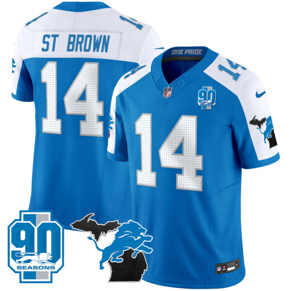 Detroit Lions St. Brown 2025 'Michigan & 90th Year' Patch Vapor Jersey - All Stitched - Blue Alternate