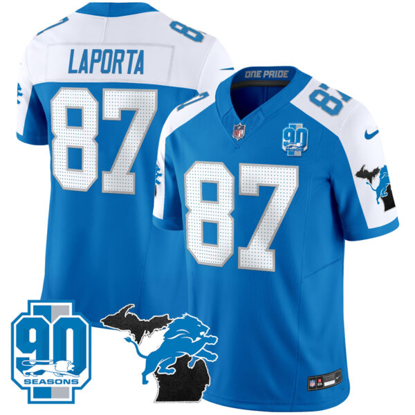 Detroit Lions Sam Laporta 2025 'Michigan & 90th Year' Patch Vapor Jersey - All Stitched - Blue Alternate