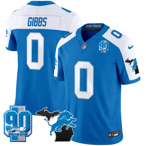 Detroit Lions Jahmyr Gibbs 2025 'Michigan & 90th Year' Patch Vapor Jersey - All Stitched - Blue Alternate
