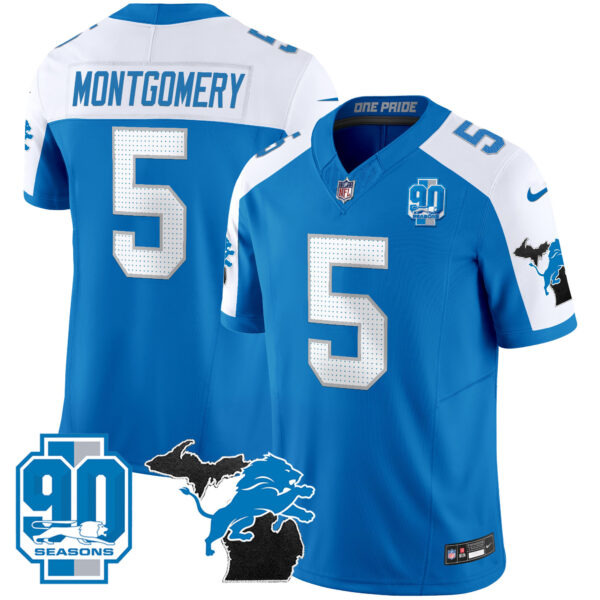 Detroit Lions David Montgomery 2025 'Michigan & 90th Year' Patch Vapor Jersey - All Stitched - Blue Alternate