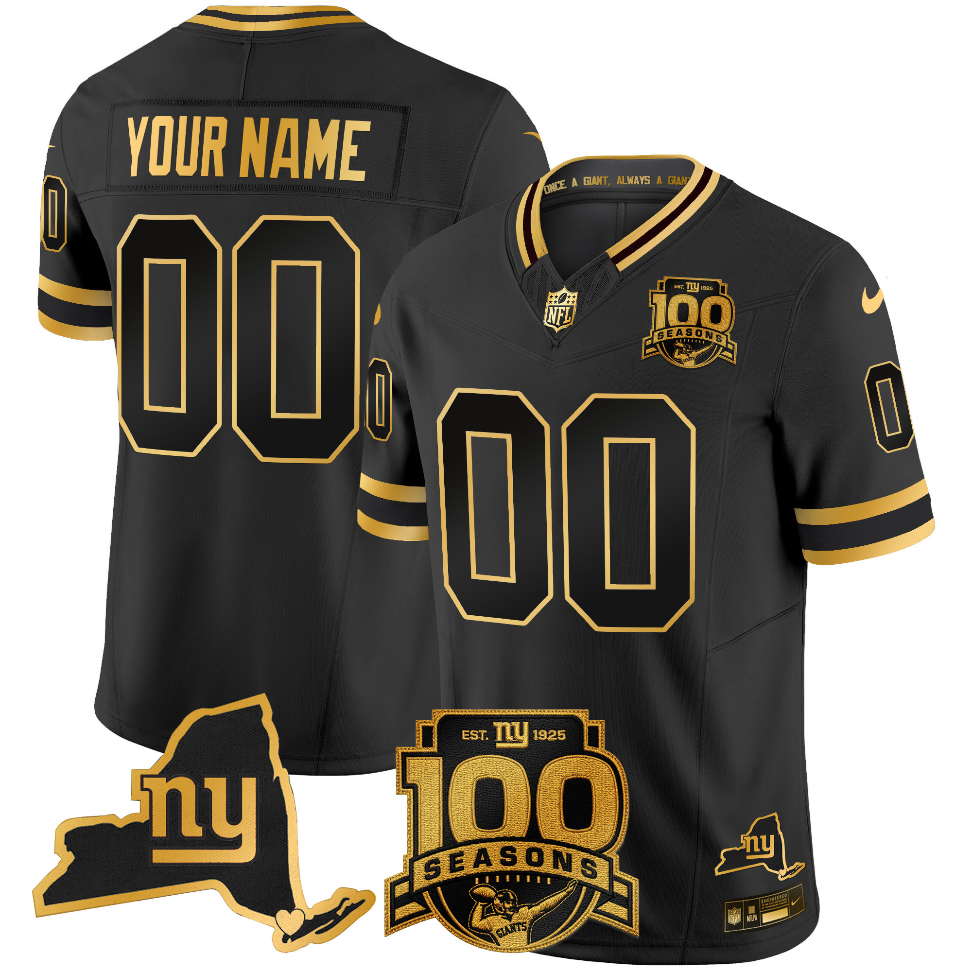 New York Giants 100th Season & State Patch Gold Vapor Limited Custom Jersey - All Stitched - Black Gold