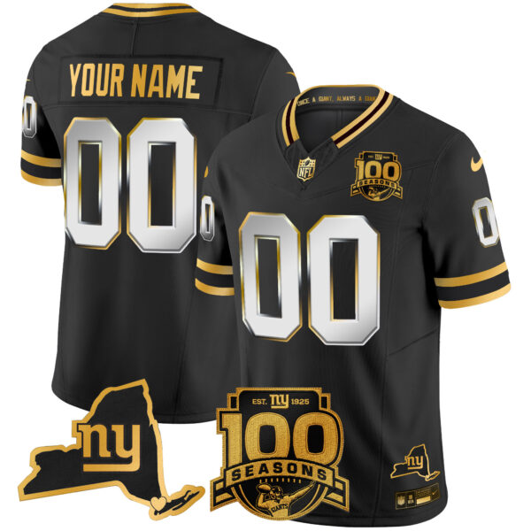 New York Giants 100th Season & State Patch Gold Vapor Limited Custom Jersey - All Stitched - Black Limited