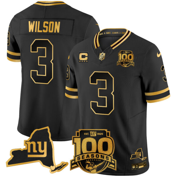 New York Giants Russell Wilson 100th Season & State Patch Gold Vapor Limited Jersey - All Stitched - Black Gold