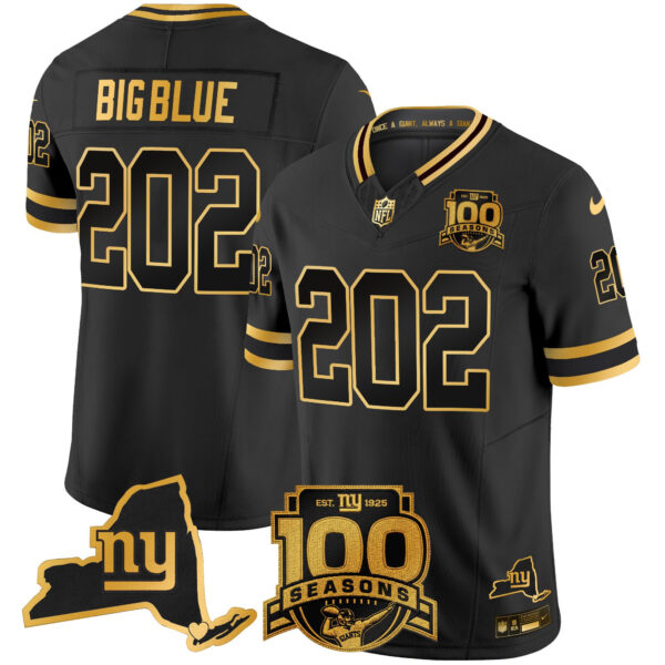New York Giants Big Blue 202 100th Season & State Patch Gold Vapor Limited Jersey - All Stitched - Black Gold